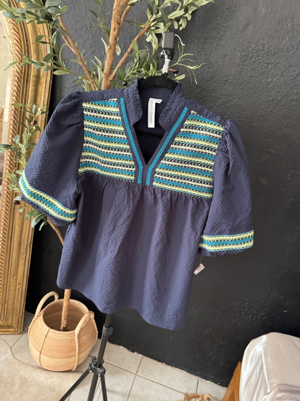 Sea Navy Embroidered V-Neck Tunic with Turquoise & Lime Accents